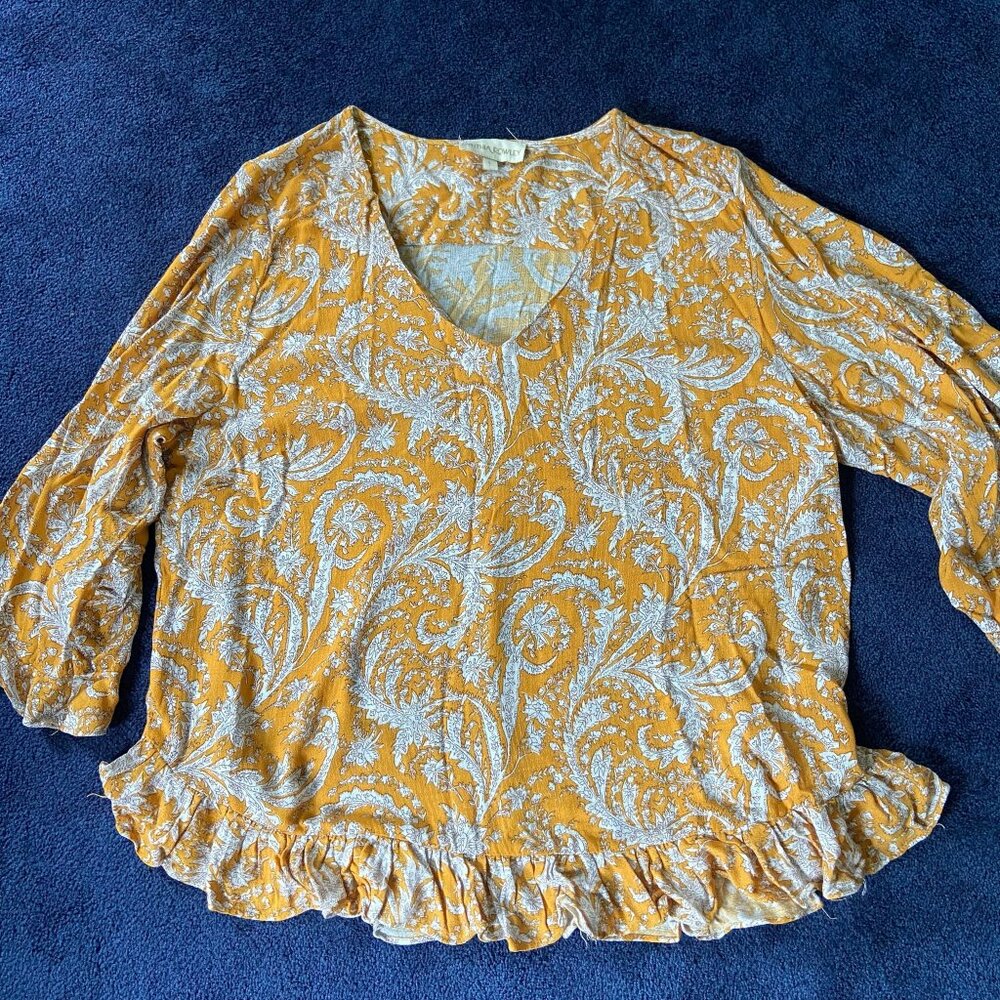 EUC Cynthia Rowley Womens Blouse Yellow Leaf Print Ruffle Trim V-Neck BOHO Sz L